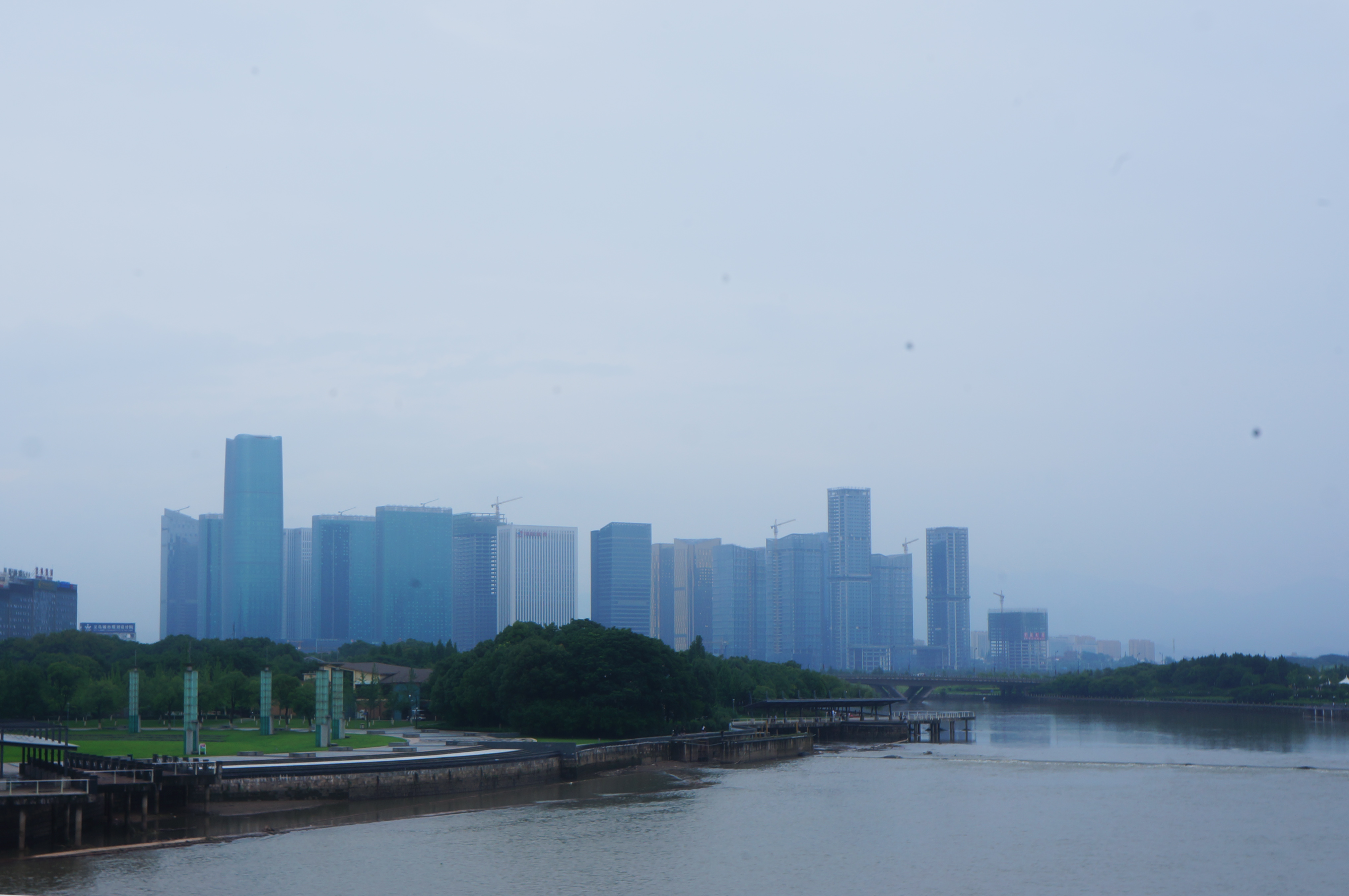 Yiwu city skyline beside the river in Zhejiang, China